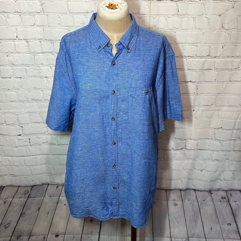 Old Navy Mens Large Slim Fit Blue Striped Linen Cotton‎ Short Sleeve Button Down